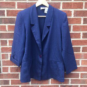 Vintage Bobbie Brooks Blazer Size 10P Navy Academia 80s 90s Linen Blend